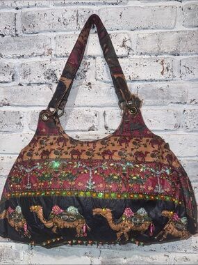 Beaded Boho Embroidered Camel Motif Shoulder Bag Duffle